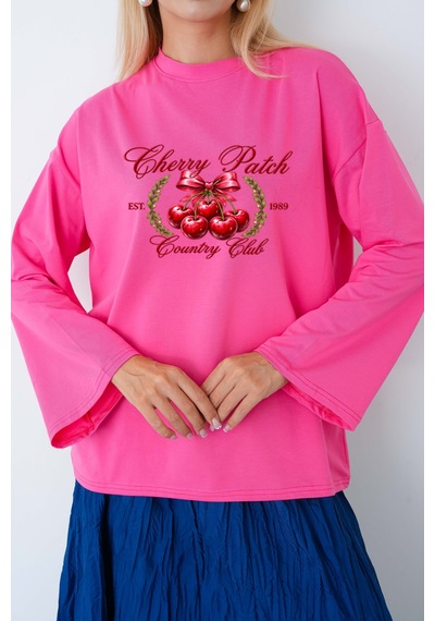 Medinenur Cherry Baskılı Tesettüre Uygun Uzun Kollu Body Pembe