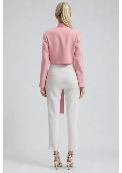 Büyük Fiyonk Detaylı Derin V Yaka Crop Blazer Ceket 6188 Pembe