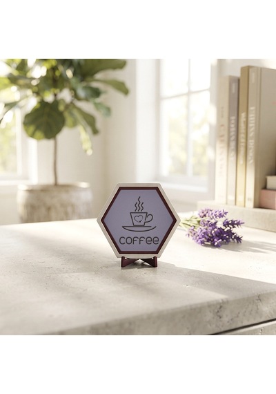 Estetik Coffee Yazılı Masaüstü Süsü Ofis Ve Çalışma Masalarınız İçin Modern Çizgilerle Hazırlanan Şık Parça 10x10 Cm, Mor