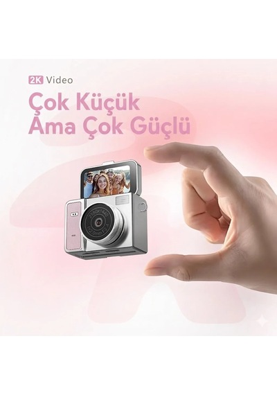 Magicool 2k Mini Dijital Retro Video Kamera Flaşlı Dijital Vlog Mini Fotoğraf Makinesi Türkçe Menü Pembe