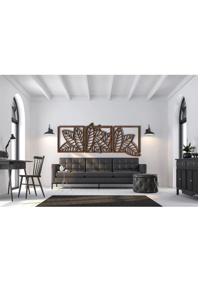 Yaprak Model 3 Lü Dekor Ahşap Duvar Süs Tablo Ceviz Renk 147x52 Cm