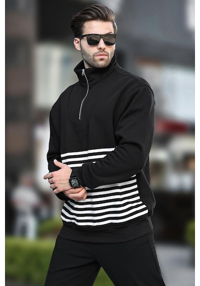 Madmext Siyah Fermuar Yakalı Çizgili Sweatshirt 7056-siyah Siyah