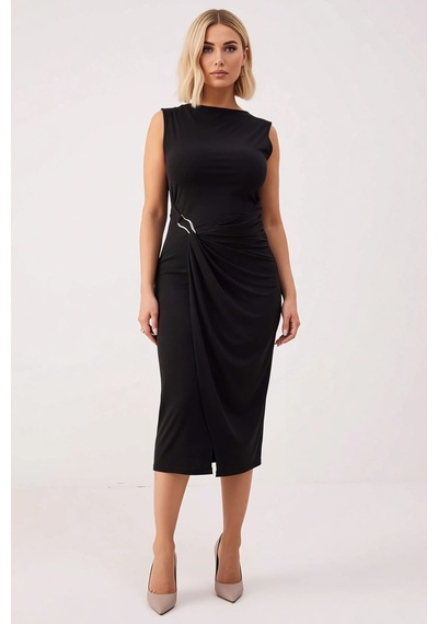 Benerly Kadın Bisiklet Yaka Kolsuz Bodycon Midi Elbise Büyük Beden Sandy Siyah
