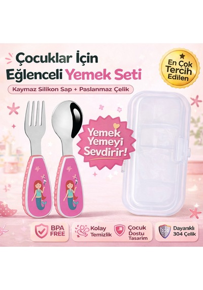 Figürlü Premium Çocuk Bpa Free Kaliteli Silikon Saplı Paslanmaz Çelik Uçlu Çatal-kaşık Pembe Renk