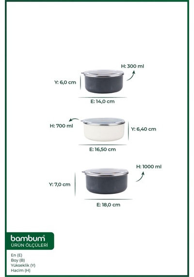 Bambum Lumino 3 Lü Emaye Saklama Kabı Gri B7687 300+700+1000ml