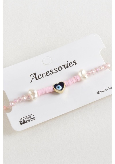 - 915 - İnci Fimo Kristal Makrome İp Bileklik - Nazblsmm - Açık Pembe
