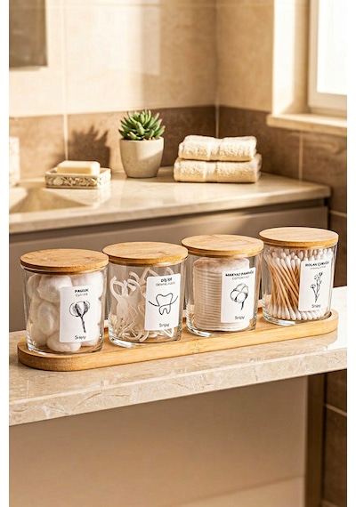 Bamio - Bambu Standlı Bambu Kapaklı Etiketli Banyo Düzenleyici Cam Banyo Seti Banyo Organizeri Açık Ahşap