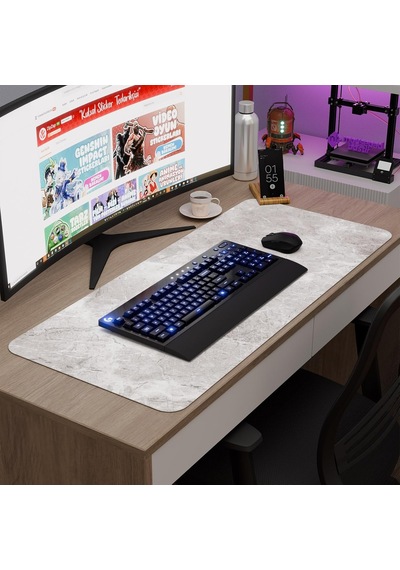 Beyaz Mermer Desenli Oyuncu Gaming Mouse Pad Kauçuk Kaymaz Taban Mousepad V4, 90x40 Xxl