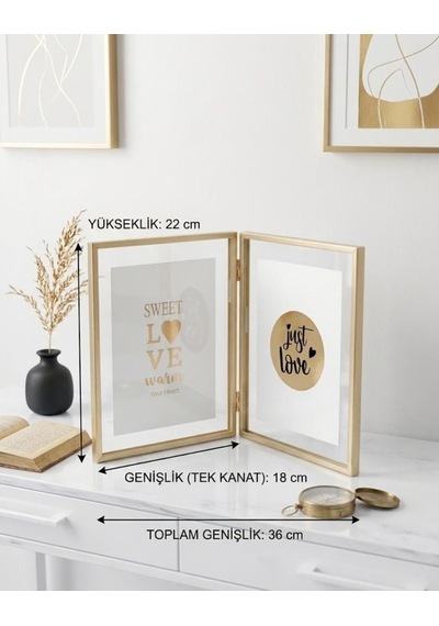 İkili Gold Kenarlı Metal Çerçeve Önü Camlı 22 18 Cm