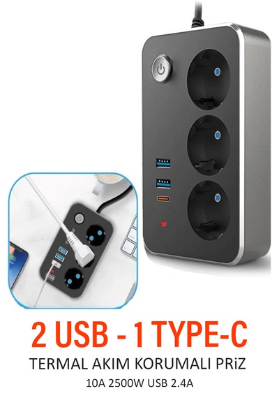 Usb Type-c Priz Dönüştürücü 2m Kablolu 2500w