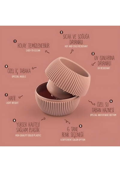 Mercan Saksı Set Dekoratif Drenajlı Çizgili Mat 5 Parça, Gri