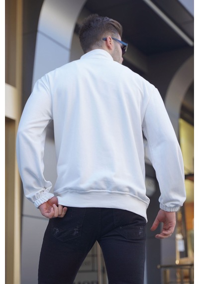 Madmext Ekru Fermuar Yakalı Nakışlı Sweatshirt 6026 Ekru