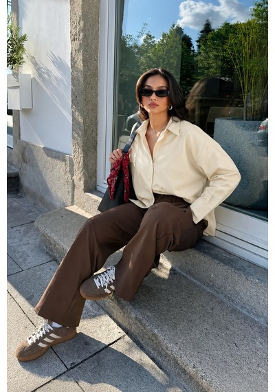 Seeh Bej Oversize Basic Kadın Gömlek Sh268
