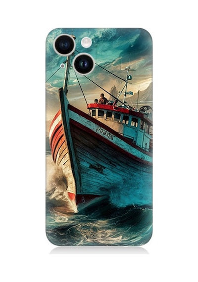 Apple iPhone 14 Uyumlu Dalgalarla Savaşan Gemi Desenli Silikon Kılıf Çok Renkli