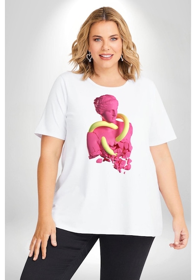 Angemiel Pop Art Yaratıcı Heykel Pembe Beyaz Büyük Beden Kadın Erkek Ünisex Basic Ön Baskılı Tişört Beyaz