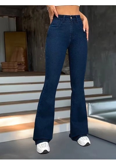 Defymoda Kadın Yüksek Bel Paçaya Doğru Geniş Kot Pantolon Lacivert