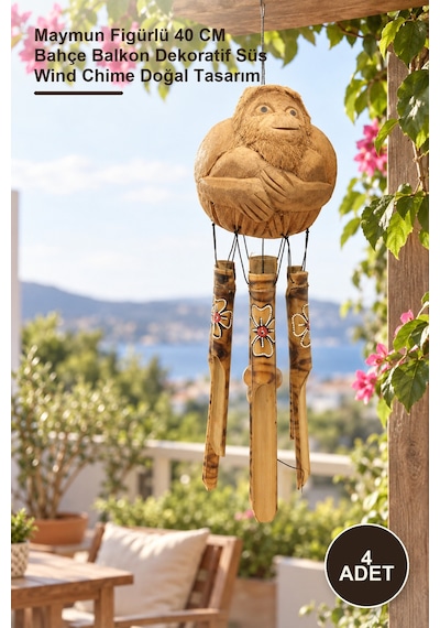 4 Adet Bambu Rüzgar Çanı Maymun Figürlü 40 Cm Bahçe Balkon Dekoratif Süs Wind Chime Doğal Tasarım