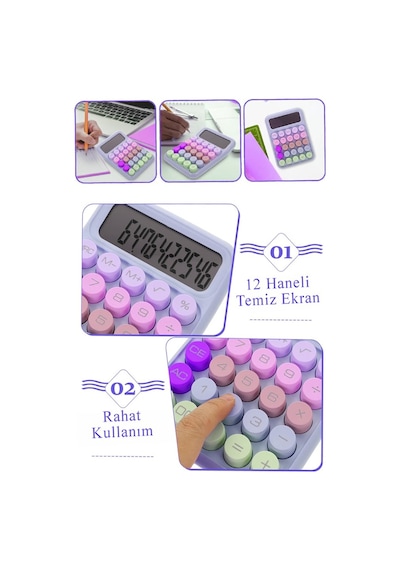 Hesap Makinesi Orta Boy Masaüstü 1 Adet 12 Haneli Yuvarlak Tuşlu Renkli Hesap Makinası 10x15 Cm Renkli Büro Ofis Öğrenci Çok Renkli