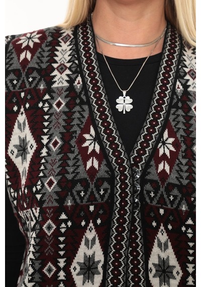 İksun Kadın Etnik Model Triko Örgü Kilim Cepli Kışlık Kalın Anne Yelek Gri
