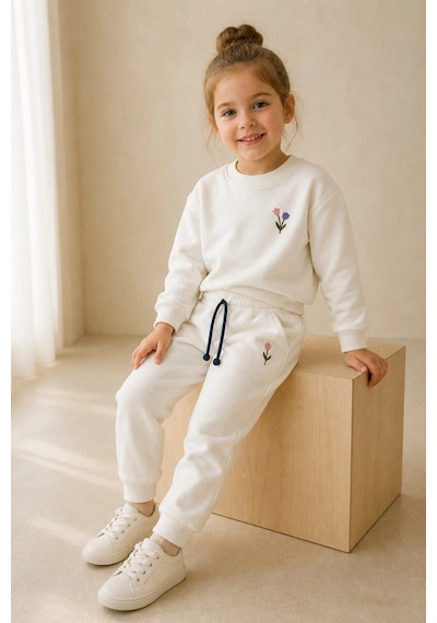 Rony Pony Kids Kız Çocuk Krem Çiçek Nakışlı Pamuklu 2 İplik Sweatshirt Ve Lastik Paçalı Eşofman Takımı Beyaz Rony Pony Kids Kız Çocuk Krem Çiçek Nakışlı Pamuklu 2 İplik Sweatshirt Ve Lastik Paçalı Eşofman Takımı Beyaz