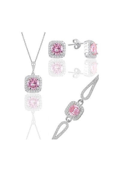 Gümüş Rodyumlu Pembe Taşlı Kare Kolye Küpe Ve Bileklikten Oluşan