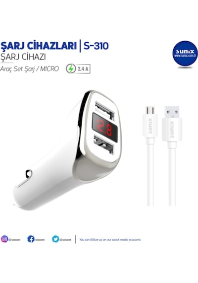Sunix S-310 Micro Dijital Ekran Araç Şarz 2.4 Amp