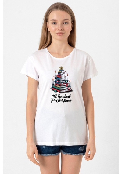 All Booked For Christmas Beyaz Kadın Bisikletyaka Tshirt Beyaz