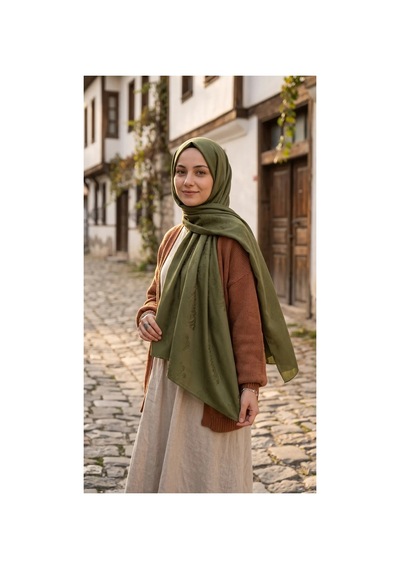 Nukra Jakarlı Pamuk Tesettür Şal Osmanlı Desen Kına Yeşili 70 X 190 Cm