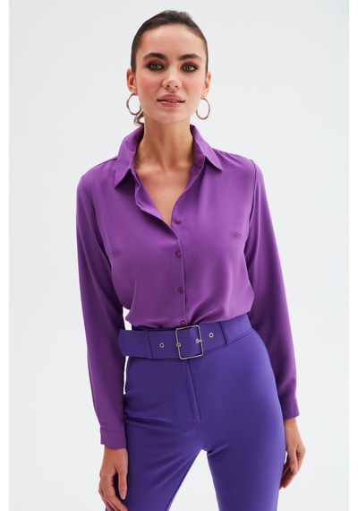 Sateen Düz Klasik Gömlek - Mor
