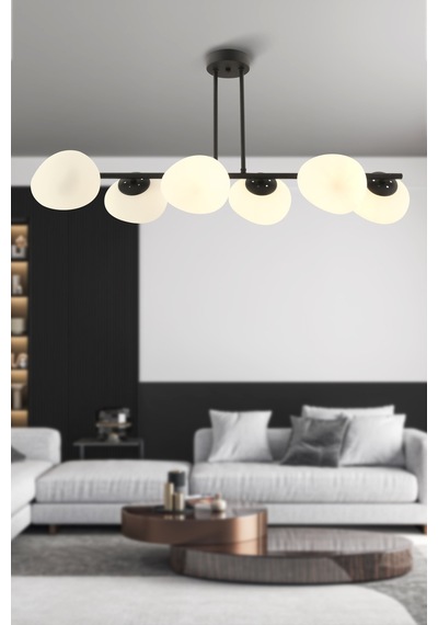 Beyaz Camlı Tristan 6'lı Sıralı Siyah Modern Yemek Masası Üstü, Salon Avize