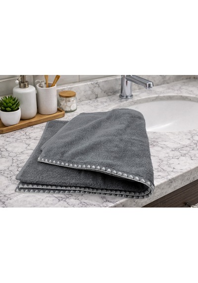 Krem İstiridye Dikişli %100 Pamuk Yumuşak Dokulu Yüksek Su Emici 2'li Banyo Havlu Seti 50x90-70x130 Gri