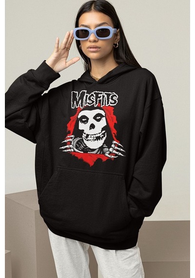Sevbano Misfits Baskılı Unisex Oversize Rock Metal Hoodie Siyah