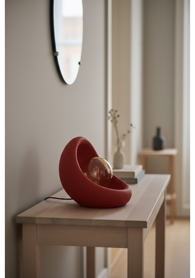 Modern Beton Dokulu Abajur Organik Oval Gece Lambası Masaüstü Komodin Lambası 25 Cm Kırmızı
