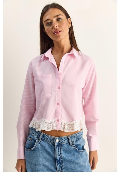 Shade Kadın Dantel Detaylı Çizgili Poplin Crop Gömlek Dg261023 60286099 - Pembe
