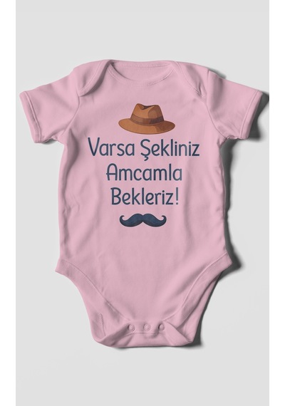 Morivokids Varsa Şekliniz Amcamla Bekleriz Kısa Kollu Bebek Body %100 Pamuk Koyu Pembe