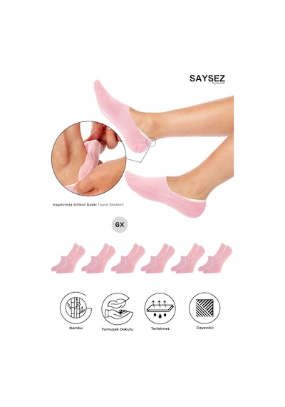 Saysez Bambu Kadın Babet Pembe Çorap Dikişsiz Görünmez Kaydırmaz Topuk Silikonlu Premium 6'lı Paket Renkli