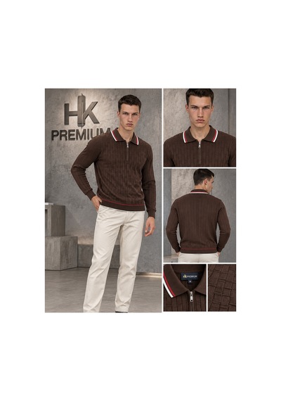 Hk Premium Erkek Fermuarlı Polo Yaka Sepet Dokulu Triko Kazak Kahverengi