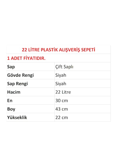 22 Litre Plastik Market Alışveriş El Sepeti Siyah 1 Adet / En:30 Boy:43 Yükseklik:22 Cm Siyah
