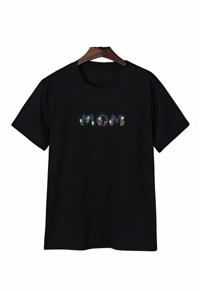 Dogutrend Anneler Günü Mom Çiçek Temalı Baskılı Oversize Bisiklet Yaka T-shirt - Siyah