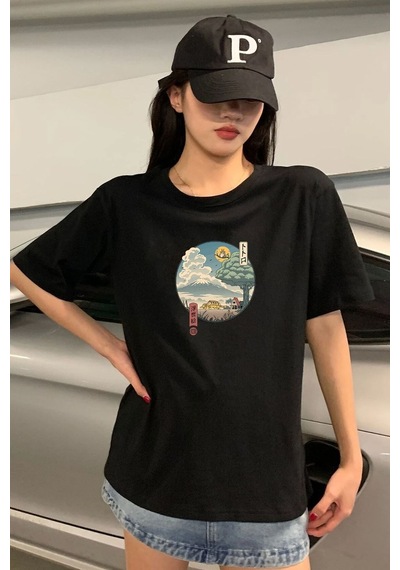 Unisex Neighbor's Ukiyo E Baskılı T-shirt Siyah