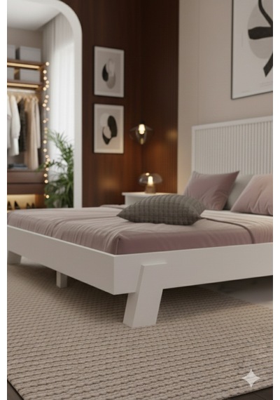 Renazzo Alaz Dikey Başlıklı Masif Ahşap Karyola Ve 2 Adet Beyaz 200x200 Beyaz - 200 X 200