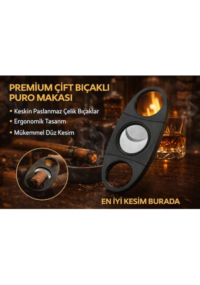 Valkyrie Premium Çift Bıçaklı Puro Makası Paslanmaz Çelik Kesici Puro Kesme Aparatı Kılıflı Siyah