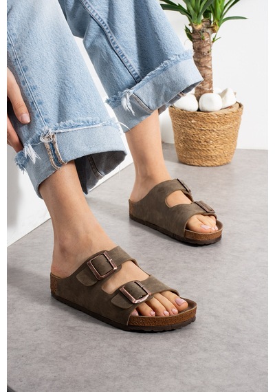 Stwenn Çift Tokalı Ortopedik Taban Terlik Unisex Günlük Rahat Kaymaz Taban Yazlık Sandalet Vizon