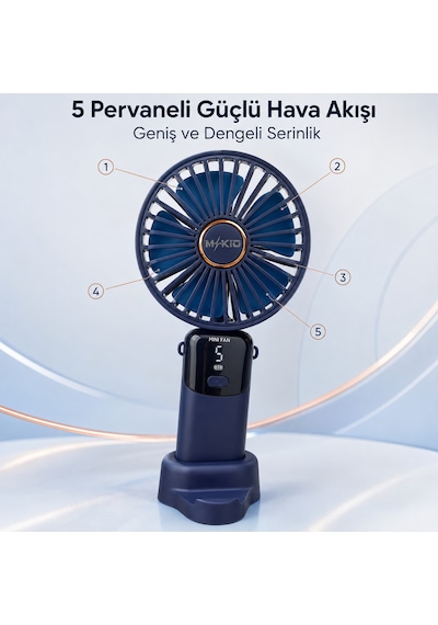 Şarjlı El Vantilatörü 5 Kademeli, Katlanabilir Dijital Ekranlı Mini El Fanı, 1200 Mah, 5 Pervaneli Güçlü Hava Akışı, Standlı Masaüstü Fan, Usb Şarjlı - Lacivert