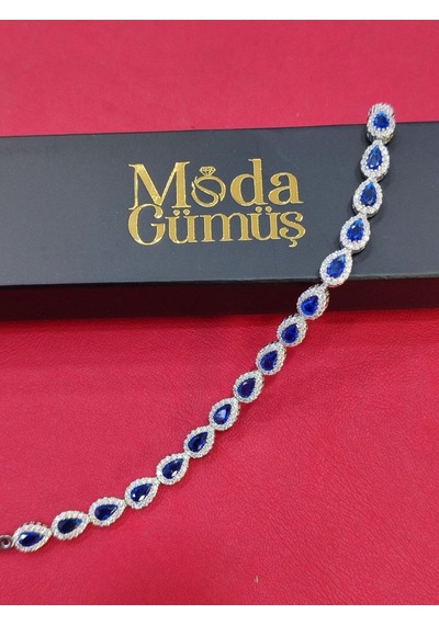Modagümüşevi 925 Ayar Gümüş Safir Taşlı Su Yolu Kadın Bileklik