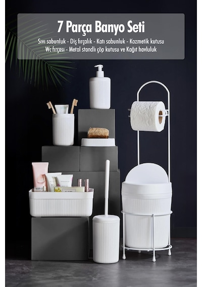 7 Parça Beyaz Banyo Seti Metal Stantlı Kovalı Wc Kağıtlık Kozmetik Kutusu Diş Fırçalık Ve Sabunlukla