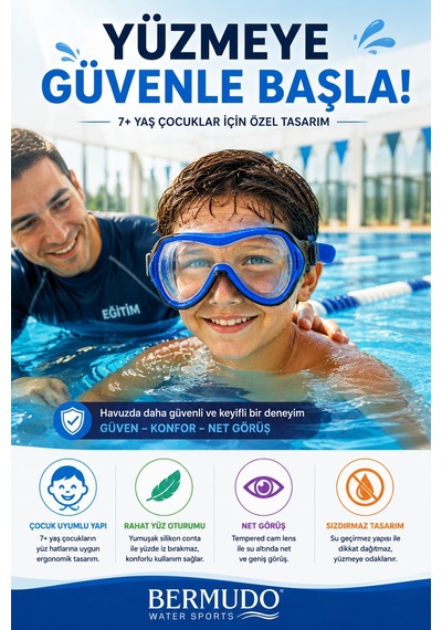 Mavi Çocuk Deniz Havuz Dalış Maskesi Tempered Cam Tek Silikon Ayarlı Yüzücü Maskesi 7+ Yaş