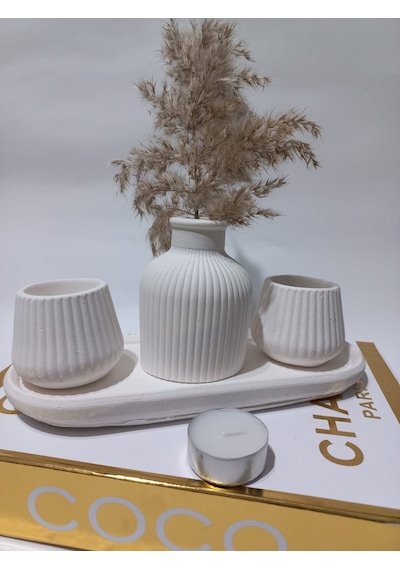 Küp Vazolu Tabaklı Tealight Mumluk Set Beyaz
