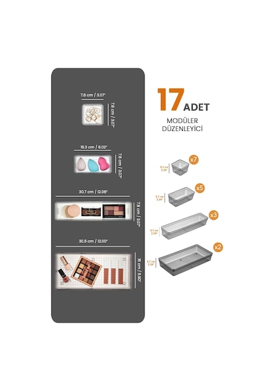 Meleni Home 17 Parça Çekmece İçi Düzenleyici - Kozmetik Aksesuar Düzenleyici Organizer Siyah