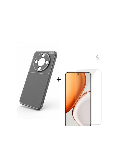Honor Magic 8 Lite İle Uyumlu Karbon Tasarım Silikon Telefon Kılıfı Ve Temperli Cam Ekran Koruyucu Gri